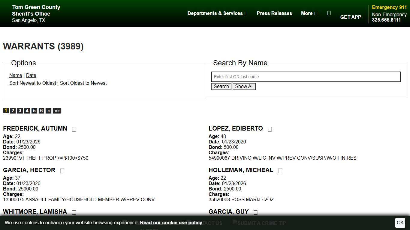 Warrants Tom Green County TX Sheriff's Office Sort Warrant Date - Descending Page 1